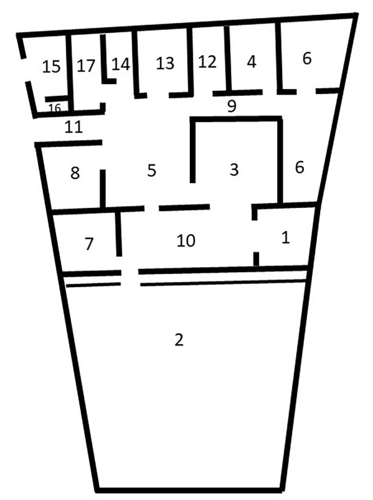 V.3 Pompeii. Casa del Giardino. 2019. Plan of the house after L. Ferro and M Osanna.
See Osanna M, 2019. Pompei. Il tempo ritrovato. Le Nuove Scoperte. Milano: Rizzoli, p. 139, fig. 4.